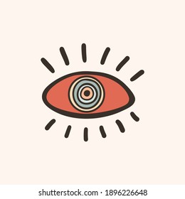 Eye with rainbow and rays, abstract minimalist hand drawn vector illustration. Beautiful simple design in trendy Earth colors for greeting card, modern poster, banner, t-shirt