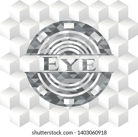 Eye realistic grey emblem with cube white background