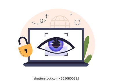 Eye Recognition Technology on Laptop. Biometric Security Illustration. Illustrations for websites, landing pages, mobile apps, posters and banners