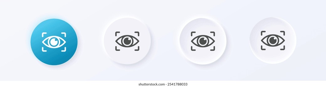 Eye recognize icon. Neumorphism round style button design vector