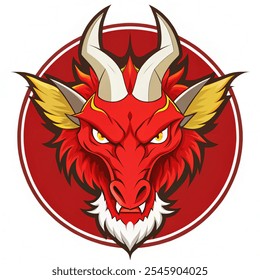 Olho vermelho dragão emblema colorido com rosto fragmento de monstro asiático com chifres brancos em torno de pupila ilustração vetor no fundo branco