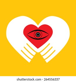 eye in red heart hands on yellow background : logo vector