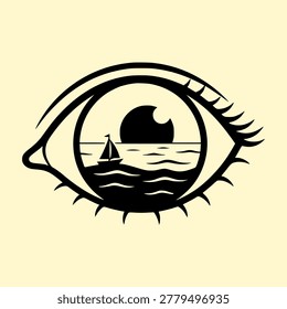 Eye reflecting seascape with sailboat reflection seascape sailboat observation perception