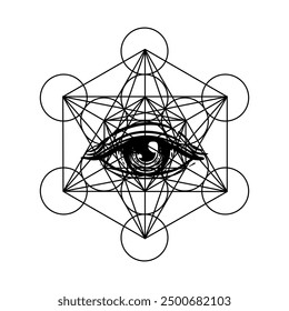 Eye with sacred geometry symbol tattoo design. Seed of Life. Ancient geometric spiritual symbol. Overlapping circles floral pattern, Flower of Life. Black and white vector illustration.