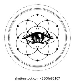 Eye with sacred geometry symbol tattoo design. Seed of Life. Ancient geometric spiritual symbol. Overlapping circles floral pattern, Flower of Life. Black and white vector illustration.