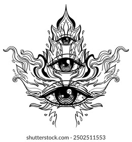 Eye with sacred geometry symbol tattoo design. Seed of Life. Ancient geometric spiritual symbol. Overlapping circles floral pattern, Flower of Life. Black and white vector illustration.