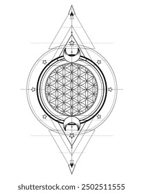 Eye with sacred geometry symbol tattoo design. Seed of Life. Ancient geometric spiritual symbol. Overlapping circles floral pattern, Flower of Life. Black and white vector illustration.