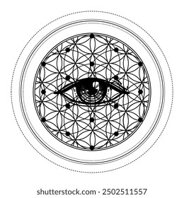 Eye with sacred geometry symbol tattoo design. Seed of Life. Ancient geometric spiritual symbol. Overlapping circles floral pattern, Flower of Life. Black and white vector illustration.