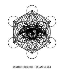 Eye with sacred geometry symbol tattoo design. Seed of Life. Ancient geometric spiritual symbol. Overlapping circles floral pattern, Flower of Life. Black and white vector illustration.