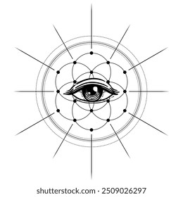 Eye with sacred geometry symbol tattoo design. Seed of Life. Ancient geometric spiritual symbol. Overlapping circles floral pattern, Flower of Life. Black and white vector illustration.