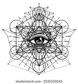 Eye with sacred geometry symbol tattoo design. Ancient geometric spiritual symbol. Overlapping circles floral pattern, Flower of Life. Black and white vector illustration.