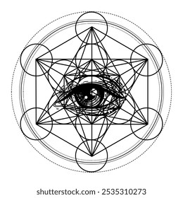 Eye with sacred geometry symbol tattoo design. Ancient geometric spiritual symbol. Overlapping circles floral pattern, Flower of Life. Black and white vector illustration.