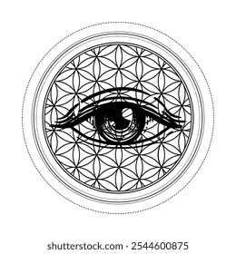 Eye with sacred geometry symbol tattoo design. Ancient geometric spiritual symbol. Overlapping circles floral pattern, Flower of Life. Black and white vector illustration.