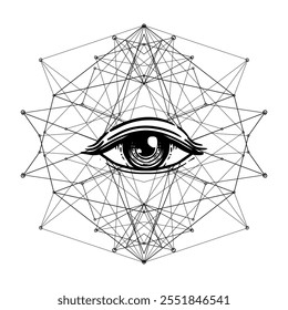 Eye with sacred geometry symbol tattoo design. Ancient geometric spiritual symbol. Overlapping circles floral pattern, Flower of Life. Black and white vector illustration.