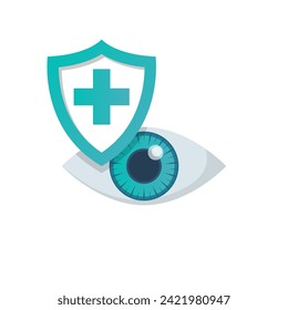 Eye safety. Eye protection icon. Preservation of vision. Shield with a cross as a symbol of protection. Vector illustration flat design. Isolated on white background.