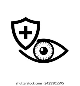 Eye safety. Eye protection icon. Preservation of vision. Doctor's hand and a shield with a cross as a symbol of protection. Vector illustration flat design. Isolated on white background.