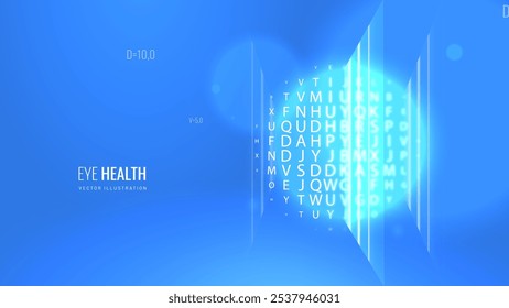 Exame ocular para verificar a saúde para visão de avaliação em banner de luz digital. Efeito redondo de verificação ocular em letras, olho de silhueta, diagnósticos oftalmológicos - vetor poster futurista