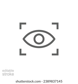 Icono de exploración ocular. Estilo de contorno simple. Identidad visual, foco, vista, visión, tecnología futura, ojo con marco de exploración, concepto de tecnología. Símbolo de línea delgada. Ilustración vectorial aislada. Trazo editable.