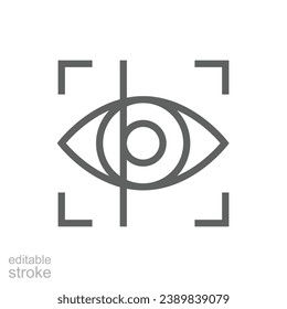 Icono de exploración ocular. Estilo de contorno simple. Identidad visual, foco, vista, visión, tecnología futura, ojo con marco de exploración, concepto de tecnología. Símbolo de línea delgada. Ilustración vectorial aislada. Trazo editable.