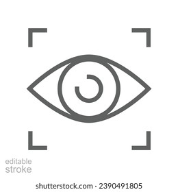 Auge scannt Symbol. Einfache Kontur. Visuelle Identität, Fokus, Sicht, Vision, Zukunftstechnologie, Auge mit Scanrahmen, Technologiekonzept. Dünnliniensymbol. Vektorgrafik einzeln. Bearbeitbarer Strich.