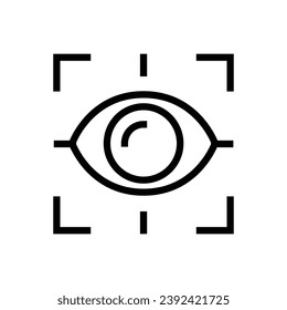 Eye scan icon. Simple outline style. Visual identity, focus, view, vision, future tech, eye with scanning frame, technology concept. Thin line symbol. Vector illustration isolated.
