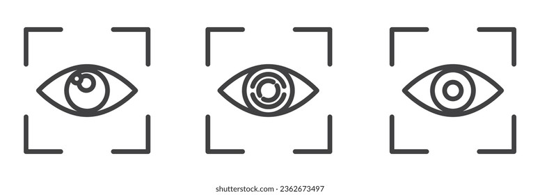 Iconos de exploración ocular, conjunto de vectores de iconos de sistemas de verificación de identidad segura en el estilo de línea delgada, conjunto de vectores de iconos de línea biométrica. Icono de escaneo ocular, 