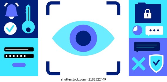 Eye scan method for access. Biometric data identification. Privacy level on smartphone, computer. IRIS and Face recognition technology. Security of personal data. Retina sign on identification vector.