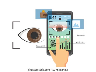 Eye scan, mobile phone with user authentication methods on screen, vector flat illustration. Password coupled with biometric features such as eye and fingerprint verification. Mobile security.