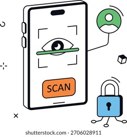 Exame de olho no celular para acesso de segurança cibernética, verificação do usuário e segurança de dados. Perfeito para reconhecimento de tecnologia e segurança. ilustração vetorial plana isométrica.