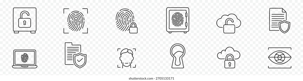 Conjunto de iconos de línea de privacidad y seguridad: símbolos de contorno editables de huella digital, bloqueo, escudo, documento, nube, escaneo ocular, escaneo facial