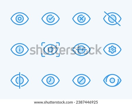 Eye Scan and Retina vector line icons. View and Eye Recognition outline icon set. Scanning, Hide, Blocked, Show, Settings, Information and more.