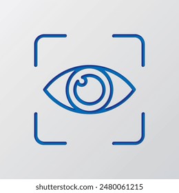 Eye scan simple icon vector. Flat design. Paper cut design. Cutted blue symbol with shadow. Gray background.ai