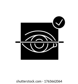 Eye scanner black glyph icon. User identification check. Authorization process. Digital lock. Electronic access. Face recognition. Silhouette symbol on white space. Vector isolated illustration