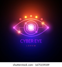 Eye Scanner Logo. Neon cyber eye. Electronic nanotechnology. Technologies of the future. Vector illustration .