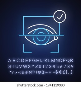 Neonlicht-Symbol des Augenscanners. Genehmigungsverfahren. Digitales Schloss. Elektronischer Zugang. Äußerer strahlender Effekt. Unterschreiben Sie mit Alphabet, Zahlen und Symbolen. Vector isolierte RGB-Farbdarstellung