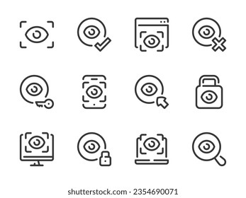 Eye scanning and Retina recognition vector line icons. Authentication and Identification outline icon set.
