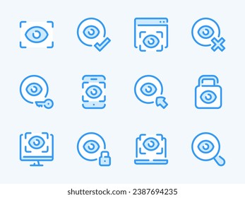 Eye Scanning and Retina recognition vector line icons. Authentication and Identification outline icon set. Scan, Access, Login, Biometrics, ID, Unlock and more.