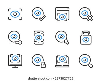 Eye scanning and Retina recognition vector line icons. Authentication and Identification outline icon set.