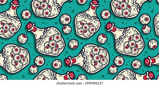 Eye seamless pattern with bottle and horrible eyeball for halloween holiday design. October party banner, poster or postcard