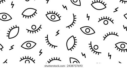 Eye seamless pattern, doodle background, simple character print line design, trendy texture, retro look wallpaper. Black and white bg. Vector illustration