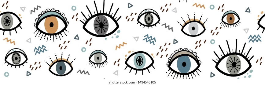 Eye seamless pattern. Vector hand drawn eyes background, isolated on white.