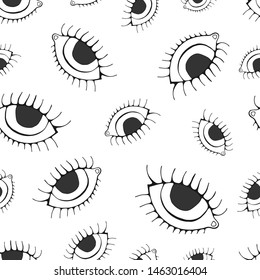 Eye seamless pattern. Vector hand drawn wink, open, eyes with lash background, isolated on white backgraund