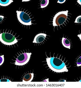 Eye seamless pattern. Vector hand drawn wink, open, eyes with lash background, isolated on black backgraund