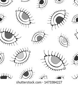 Eye seamless pattern. Vector hand drawn wink, open, eyes with lash background, isolated on white backgraund