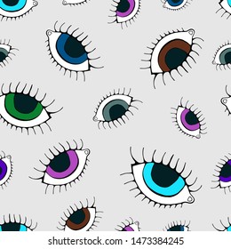 Eye seamless pattern. Vector hand drawn wink, open, eyes with lash background, isolated on grey backgraund