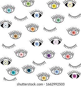 Eye seamless pattern. Vector hand drawn. Open and close eyes with lash background