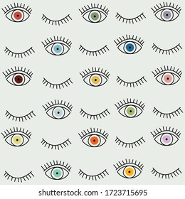 Eye seamless pattern. Vector hand drawn. Open and close eyes with lash background