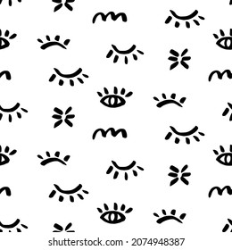 Eye seamless pattern. Vector hand drawn wink, open, close eyes with lash background, isolated on white