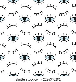 Eye seamless pattern. Vector hand drawn wink, open, close eyes with lash background, isolated on white