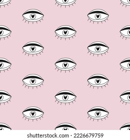 Eye seamless pattern. Vector hand drawn wink, open eyes with lash background texture. Fashionable print